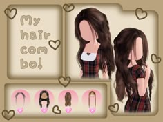 the girl has long brown hair and is wearing a plaid shirt with hearts around her neck