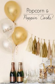 an image of balloons and champagnes on the table for a party or celebration with confetti, popcorn & poppin's coke