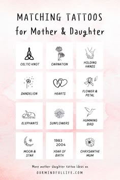 the matching tattoos for mother and daughter are shown on a pink watercolor stain background