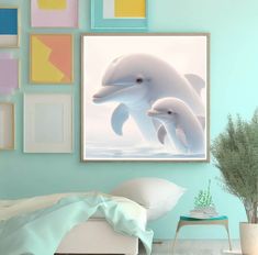 two white dolphins swimming in the ocean under framed art on wall above bed with pillows