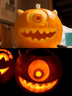 two pumpkins with faces carved into them