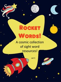 a book cover for rocket words with an image of rockets and planets in the background