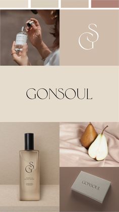 the logo for gonsoul is shown above an image of some fruit and cosmetics