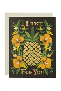 a card with an image of a pineapple surrounded by yellow flowers and green leaves