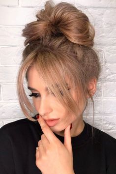 Curtain Bang Updo Hairstyles, Middle Part Curtain Bangs Long Hair, Bangs For Ponytails, Up Do With Curtain Bangs, Curtain Bangs Updo Hairstyles, Curtain Bang Updo, Curtain Bangs With Hair Up, Curtain Bangs With Ponytail, Messy Curtain Bangs