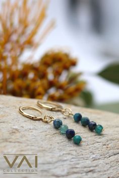 Handmade gemstone Earrings “Sky and sand” with Chrysocolla, from our 'Vathia Collection'. Minimalistic, delicate earrings that make a subtle statement and look stylish at the same time, these are earrings that you will never take off. Handmade real gold plated stainless steel earrings with 4 delicate Chrysocolla gemstones. We love to work with gemstones .. Lapis Lazuli, Rose Quartz, Amazonite, Apatite, Jade, Aventurine, Obsidian, Rhodochrosite, Moonstone, labradorite, Carnelian, Amethyst. Steel Earrings, Delicate Earrings, Look Stylish, Stainless Steel Earrings, Green Crystals, Ear Jewelry