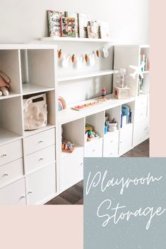 there is a white bookcase with toys on it and the words, waysworth storage