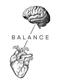 a drawing of a human heart and a brain with the word balance above it that says,