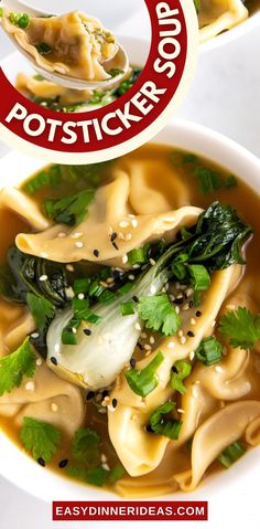 a white bowl filled with noodles and greens next to a red sticker that says easy dinner