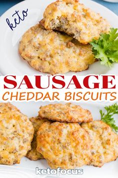 sausage cheddar biscuits on a white plate with parsley