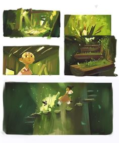 the concept art for an animated film is shown in three separate panels, each with different scenes