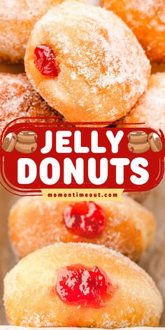 jelly donuts are stacked on top of each other with the words jelly donuts above them