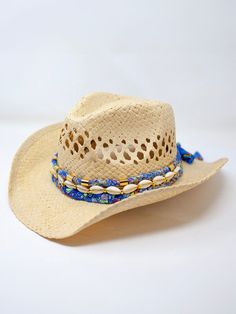 Coastal Cowgirl Natural Straw Hat - Blue - Serei Swim Country Style Summer Festival Straw Hat, Handmade Straw Hat For Summer Country Events, Handmade Country Style Sun Hat For Summer, Bohemian Braided Hat Bands For Rodeo, Bohemian Summer Straw Hat For Rodeo, Handmade Western Sun Hat For Beach, Handmade Western Sun Hat For The Beach, Handmade Western Style Beach Hat, Handmade Western Hats For The Beach