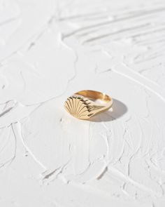 The Coquille ring is a unique everyday staple that elevates the classic signet style. Inspired by elegant shell motifs, this design was hand-carved in wax and cast into solid metal.  - Solid yellow bronze: a metal that looks very similar to gold in color, but without the hefty price tag! Bronze will darken slightly over time with exposure to body oils, but can easily be polished to its original color and shine with a jewelry polishing cloth (sunshine cloth). - Available in sizes 5-9 - To operate Gold Shell Ring, Wax Ring Design, Wax Jewelry Carving Design, Wax Carved Jewelry, Wax Ring Carving Ideas, Signet Ring Design, Wax Carved Ring, Steps Drawing, Wax Jewelry