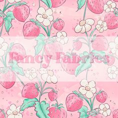 a pink and white striped background with strawberries, flowers and berries on the side