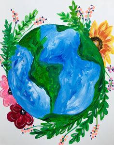 a painting of the earth surrounded by flowers and leaves