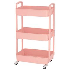 a pink plastic utility cart with three shelves