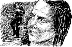 a black and white drawing of a man with dreadlocks on his head next to stairs