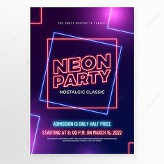 neon party flyer template with square shapes and text on the front, in blue and purple colors