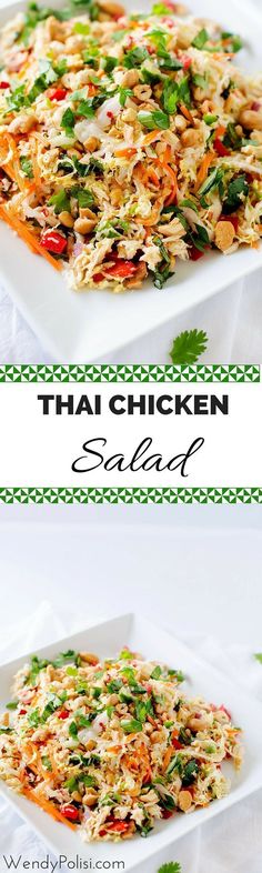 thai chicken salad in a white bowl with green garnish on top and the words thai chicken salad above it