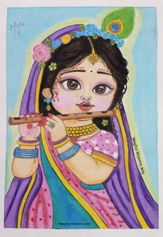 a drawing of a girl playing flute with flowers on her head and purple dress, holding a