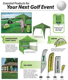 an advertisement for a golf event with green tents and white flags on the side of it