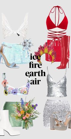 four different types of dresses and shoes with the words ice fire earth air