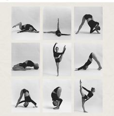 a woman doing yoga poses in multiple different positions, including the handstand and legs