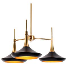 three light chandelier with black and gold shades on the bottom, two hanging lights above