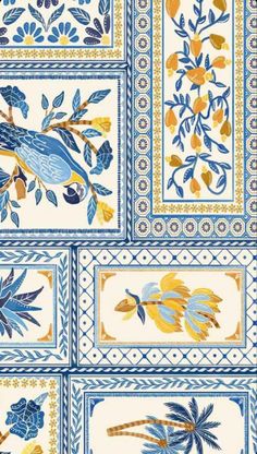 a blue and yellow wallpaper with birds, leaves and flowers on it's sides