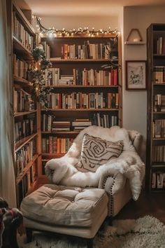 a living room filled with lots of books and furniture next to a book shelf full of books