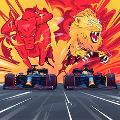 two red bull racing cars in front of each other on a race track with flames behind them