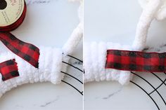 two pictures of red and black plaid ribbon on the side of a piece of fabric