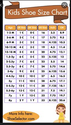 the kids shoe size chart is shown