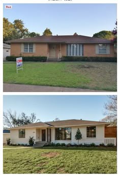 before and after photos of a home in the suburbs, from left to right is an empty front yard with a for sale sign