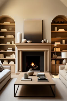 a living room filled with furniture and a fire place next to a book shelf full of books