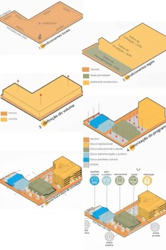 four different views of the same building and its surrounding features are shown in this diagram