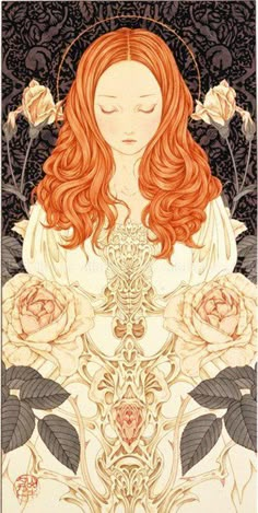 a woman with long red hair and roses on her chest is surrounded by black background