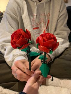 two red roses are being held by someone