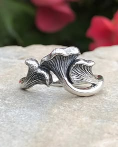 Sterling Silver Chanterelle mushroom ring Silver Jewelry Ideas, Chanterelle Mushrooms, Ring Sketch, Plant Rings, Art Clay Silver, Mushroom Ring, Clay Silver, Mushroom Jewelry, Edgy Jewelry