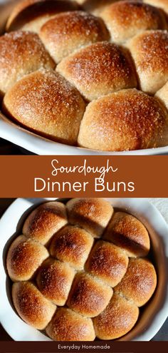 two different views of bread buns with the words, sourdough dinner buns