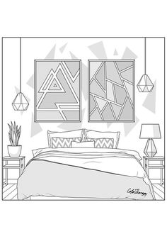 a coloring page for a bed room with two paintings on the wall