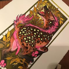 a drawing of a leopard with pink and yellow feathers on it's back legs