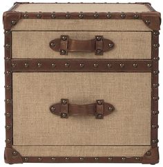 two drawers with leather handles and straps on each drawer, one is beige and the other is brown