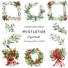 watercolor christmas wreaths and mistletoe clipart set with red bows, holly berries