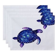 three blue turtles on white paper bags with purple and green designs in the bottom half