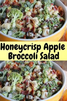 two pictures of broccoli salad with bacon and apples in the background text reads, honeycris apple broccoli salad