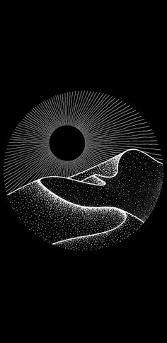 a black and white drawing of sand dunes in the desert with sun rays coming out