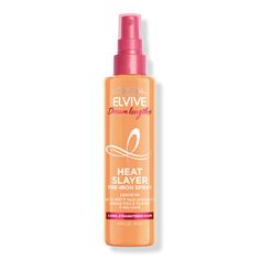 Elvive Dream Lengths Heat Slayer Pre-Iron Spray Leave-In - BenefitsUltra lightweight, caring heat protectant also reduces frizz, hydrates long hair and seals in shine for 3 day sleek hairProtect against heat damage up to 450F degrees with Elvive Dream Lengths Heat Slayer Pre-Iron Spray Leave-In from L'Oreal ParisSulfate-free, paraben-free, dye-free heat protectant with an irresistibly sweet, floral, fruity scentApply Elvive Dream Lengths Heat Slayer Pre-Iron Spray Leave-In on damp hair, spray ev Loreal Shampoo, Hair Flat Iron, Heat Protector, Heat Protectant Spray, Heat Protectant Hair, Hair School, Heat Protectant, Hair Perfume, Hydrate Hair