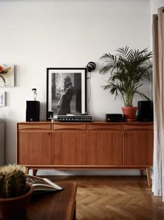 a living room with an entertainment center and potted plants on the sideboard in front of it